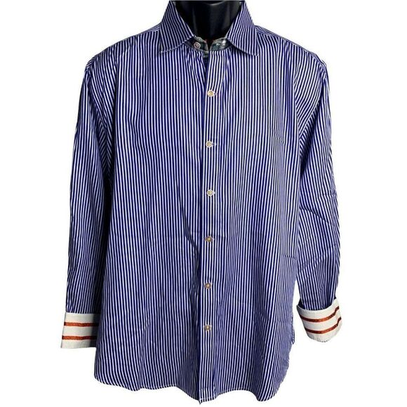 Robert Graham Button Up Shirt XL Blue White Striped Tailored Fit Flip Cuff